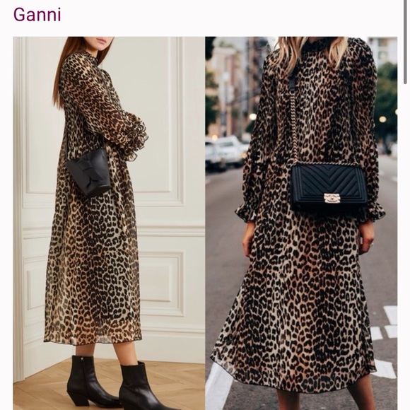 Ganni Dresses & Skirts - Ganni Women's Pleated Georgette Long Midi Sleeve Dress Leopard